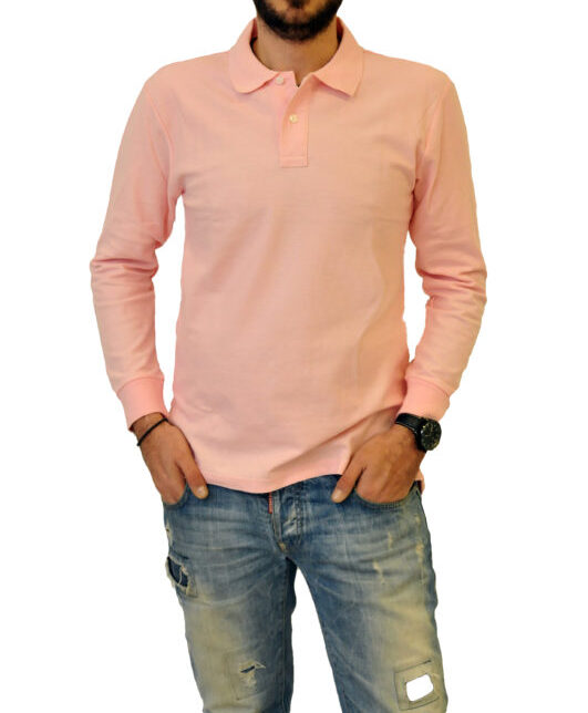 Ρόζ μονόχρωμο μακρυμάνικο βαμβακερό μπλουζάκι MAN2MAN τύπου polo