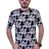 Μαύρη κοντομάνικη βαμβακερή μπλούζα τύπου λαιμόκοψη με λευκά σχέδια φοινίκων