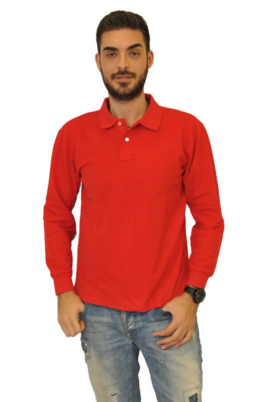 Red plain color long - sleeve cotton T-shirt MAN2MAN polo type