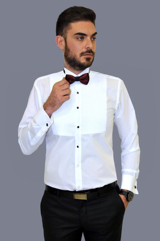 Λευκό γαμπριάτικο πουκάμισο με διπλή μανσέτα και σπαστό γιακά