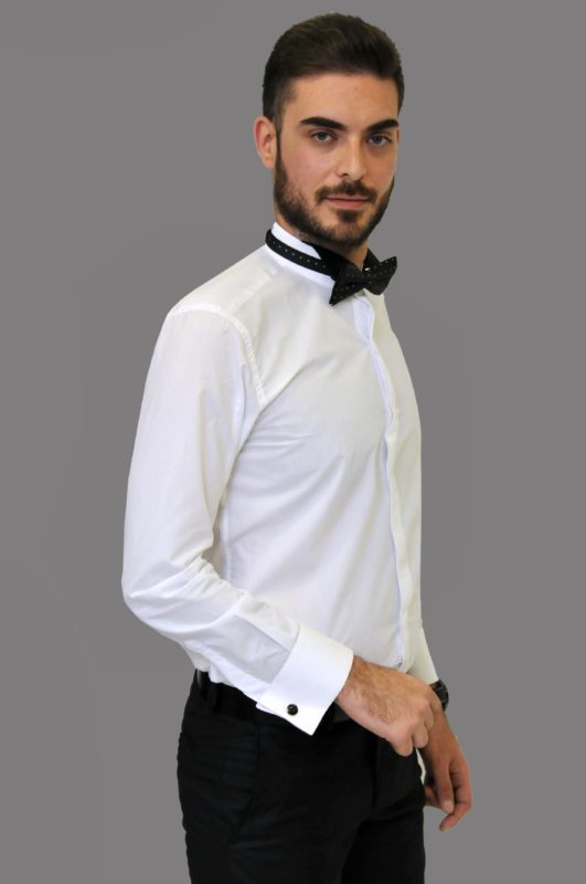 White wedding shirt with black split collar, double cuff and hidden buttons
