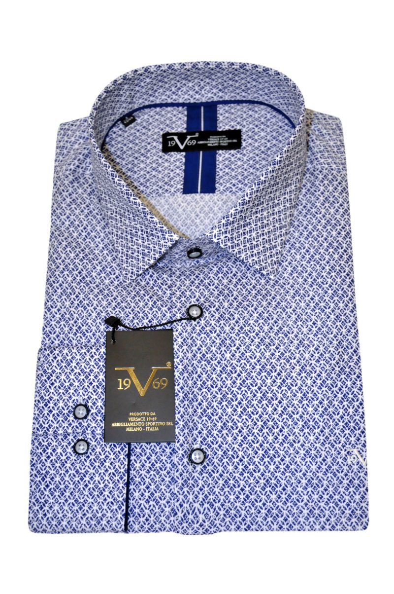 Λευκό-μπλε εμπριμέ βαμβακερό μακρυμάνικο πουκάμισο VERSACE 1969