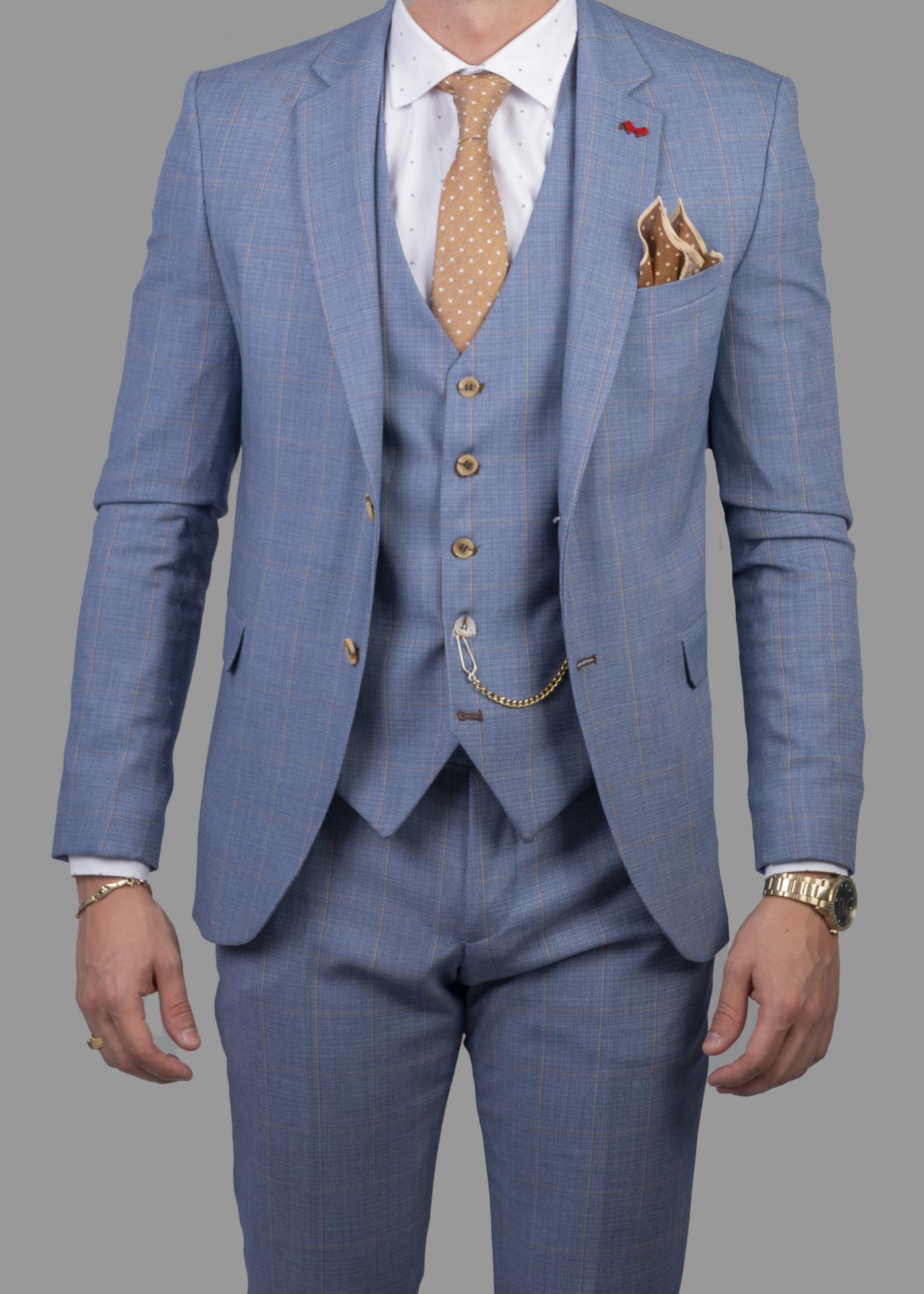 Μπλε καρό κοστούμι με γιλέκο DEZIGN