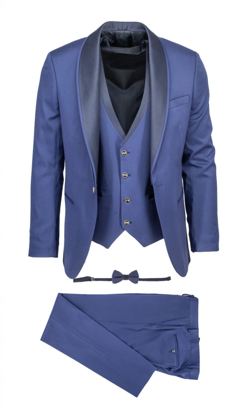 Γαμπριάτικο κοστούμι μπλε-μωβ αμπιγιέ με γιλέκο VERSACE 19V69