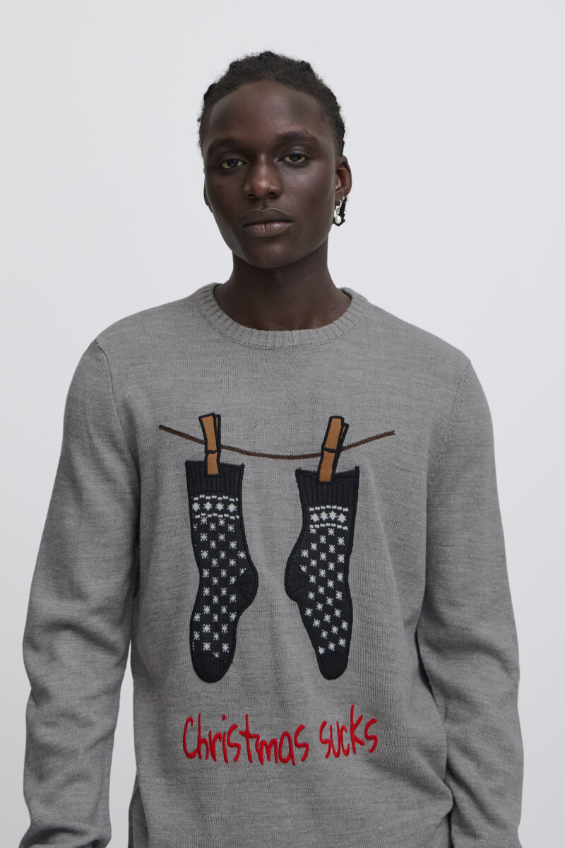 Γκρι πλεκτή χριστουγεννιάτικη μπλούζα λαιμόκοψη BLEND