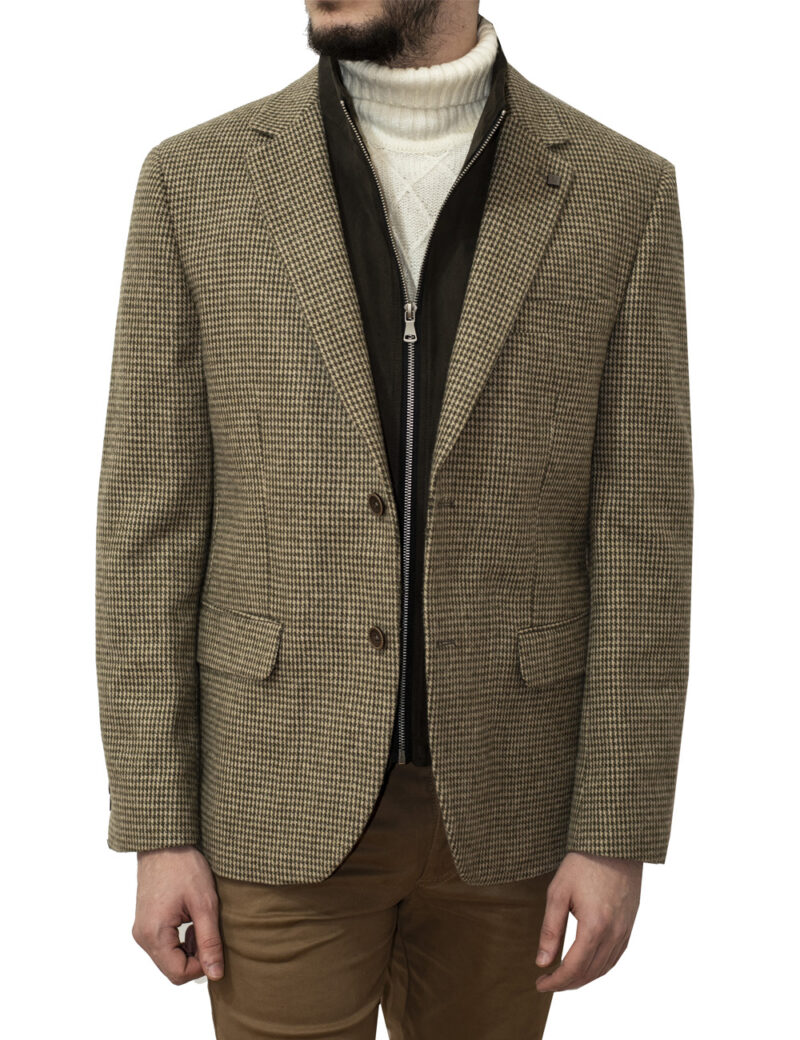 Μπεζ-καφέ χειμερινό μάλλινο σακάκι με σχέδιο στην ύφανση και αποσπώμενη μόστρα LEONARDO UOMO