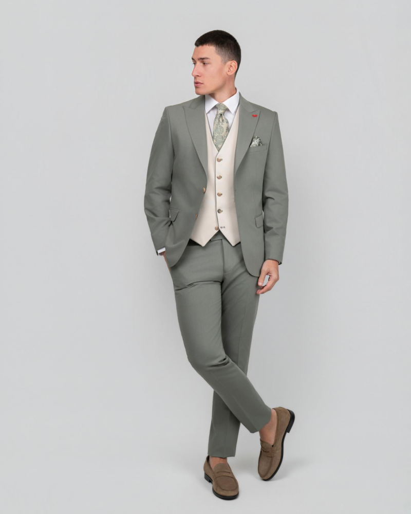 Λαδί κοστούμι με διπλής όψης γιλέκο σε στενή γραμμή DEZIGN